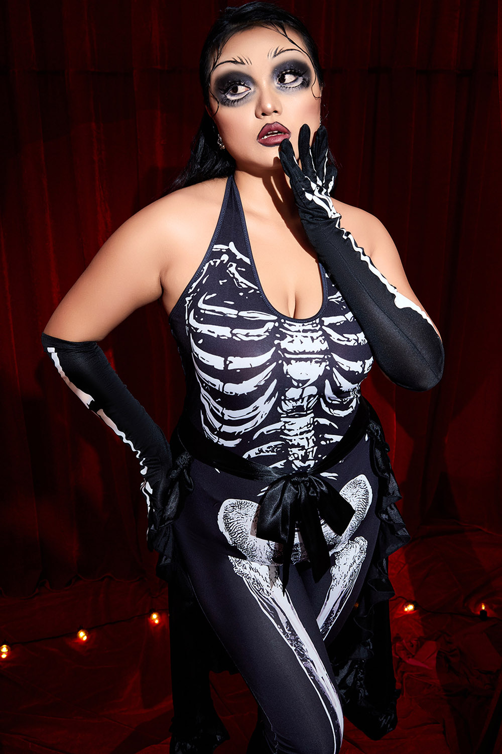Xpluswear Design Plus Size Casual Halloween Costume Black Skeleton Print Sleeveless Knitted Jumpsuits (Without Gloves) [Pre-Order]