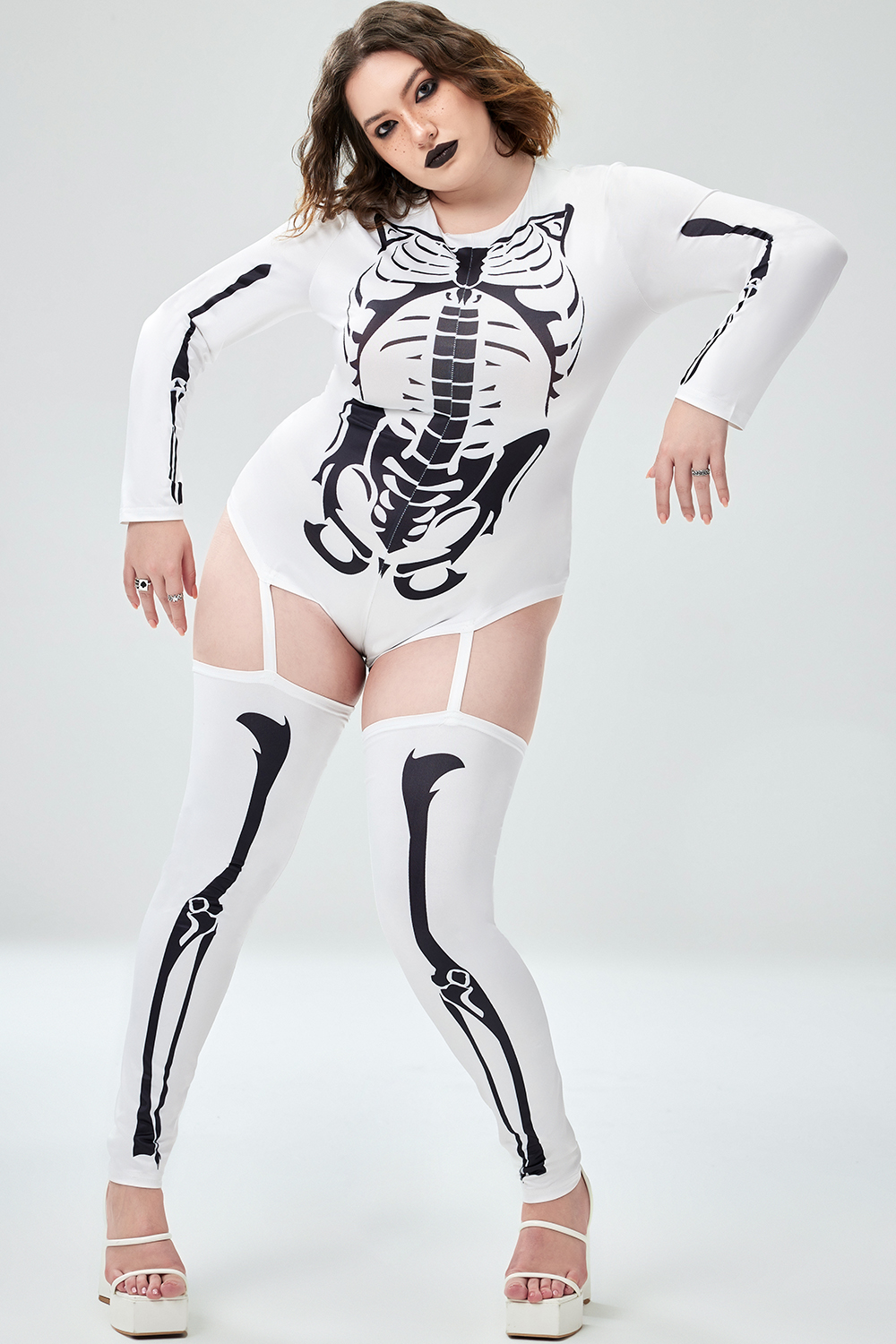 Xpluswear Design Plus Size Casual Halloween Costume White Round Neck Skeletons Print Knitted Bodysuit [Pre-Order]