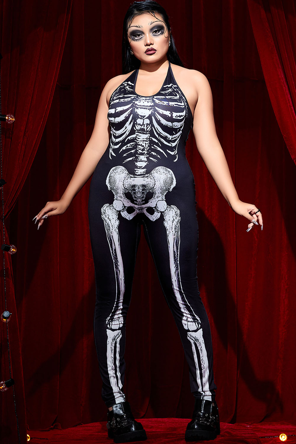 Xpluswear Design Plus Size Casual Halloween Costume Black Skeleton Print Sleeveless Knitted Jumpsuits (Without Gloves) [Pre-Order]