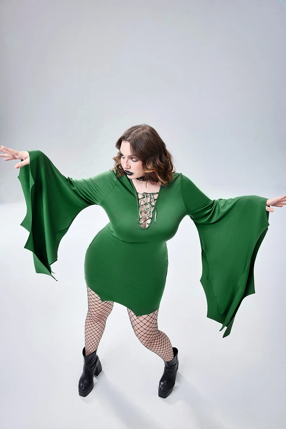 Xpluswear Design Plus Size Halloween Costume Green Bats Lace Up Trumpet Sleeve Mini Dress [Pre-Order]