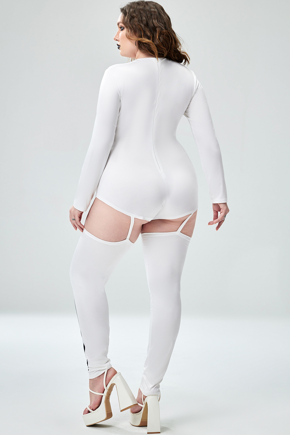 Xpluswear Design Plus Size Casual Halloween Costume White Round Neck Skeletons Print Knitted Bodysuit [Pre-Order]