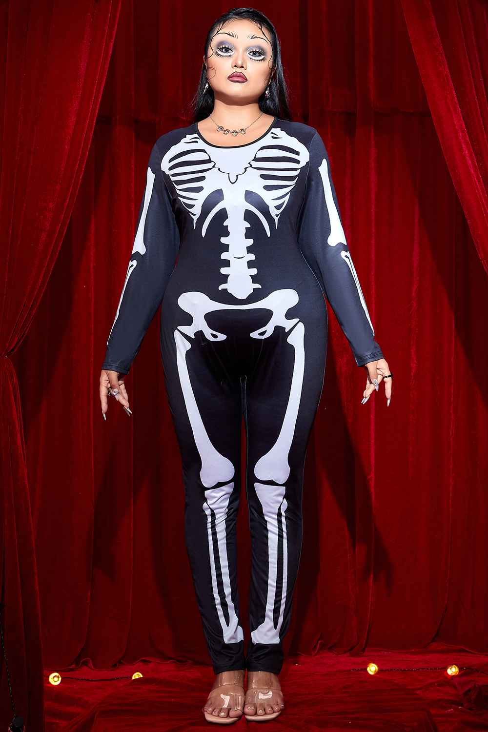Xpluswear Design Plus Size Halloween Costume Skeleton Print Long Sleeve Knitted Jumpsuit [Pre-Order]