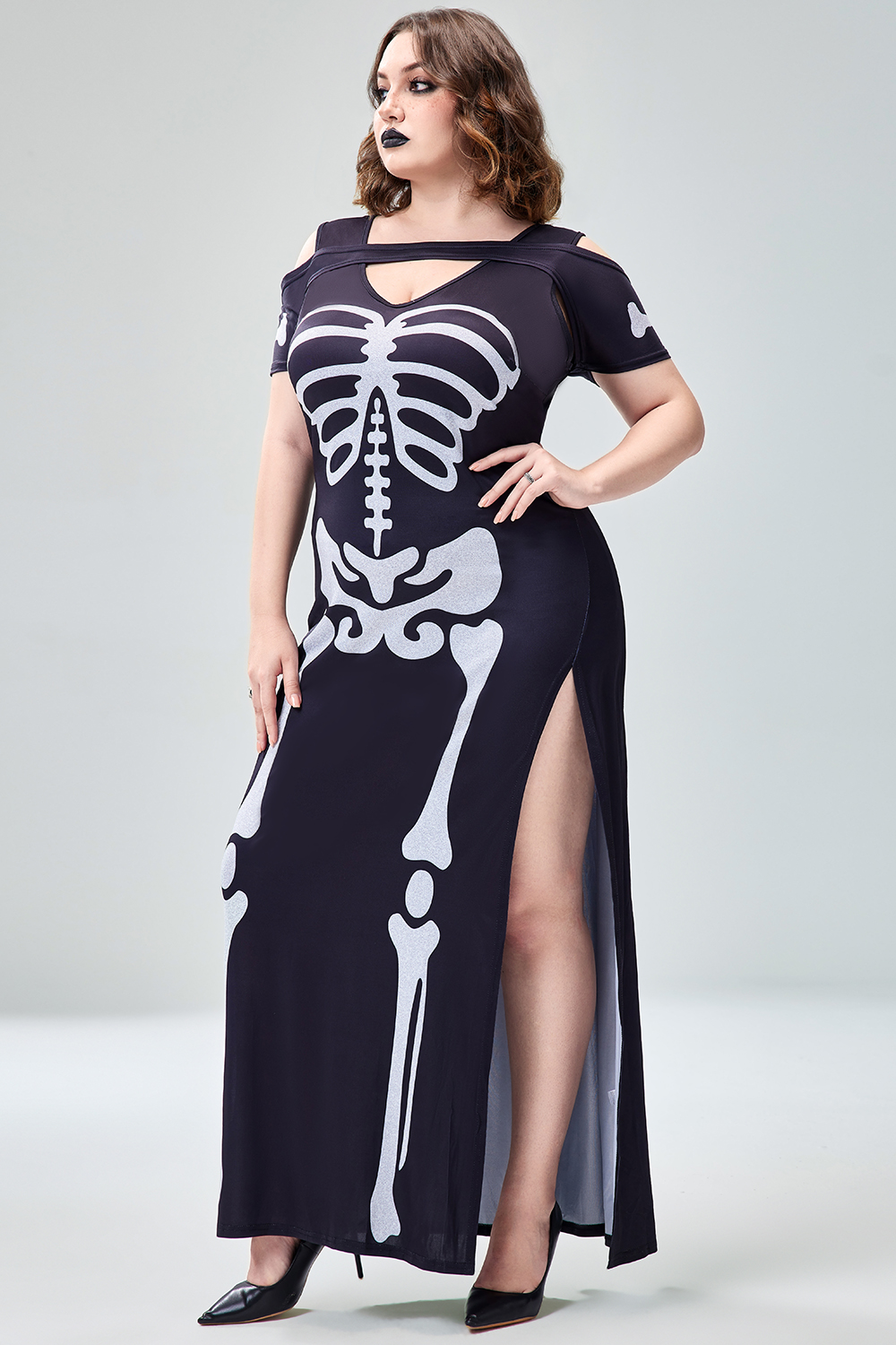 Xpluswear Design Plus Size Halloween Costume Gothic Black Skeleton Print Cold Shoulder Split Knitted Maxi Dress