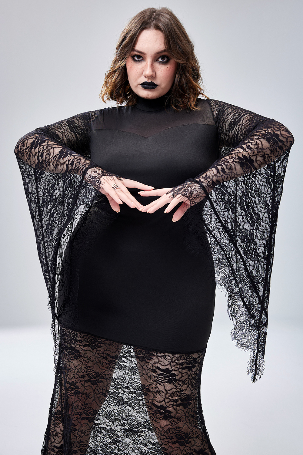 Xpluswear Design Plus Size Halloween Costume Black Trumpet Sleeve Lace Maxi Dress