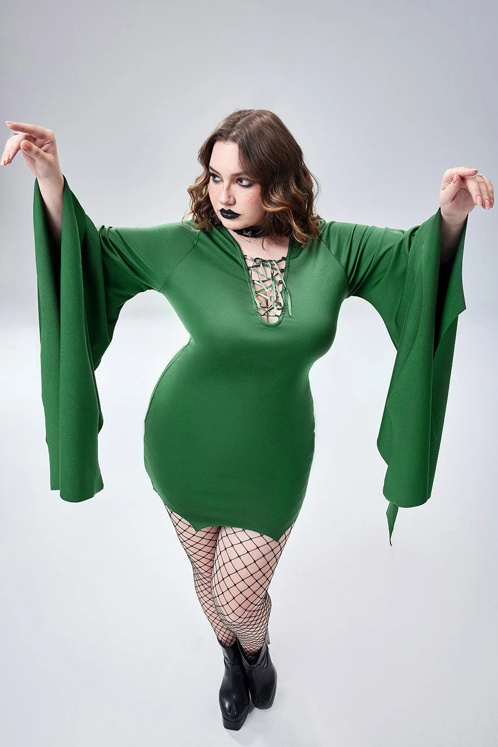 Xpluswear Design Plus Size Halloween Costume Green Bats Lace Up Trumpet Sleeve Mini Dress [Pre-Order]