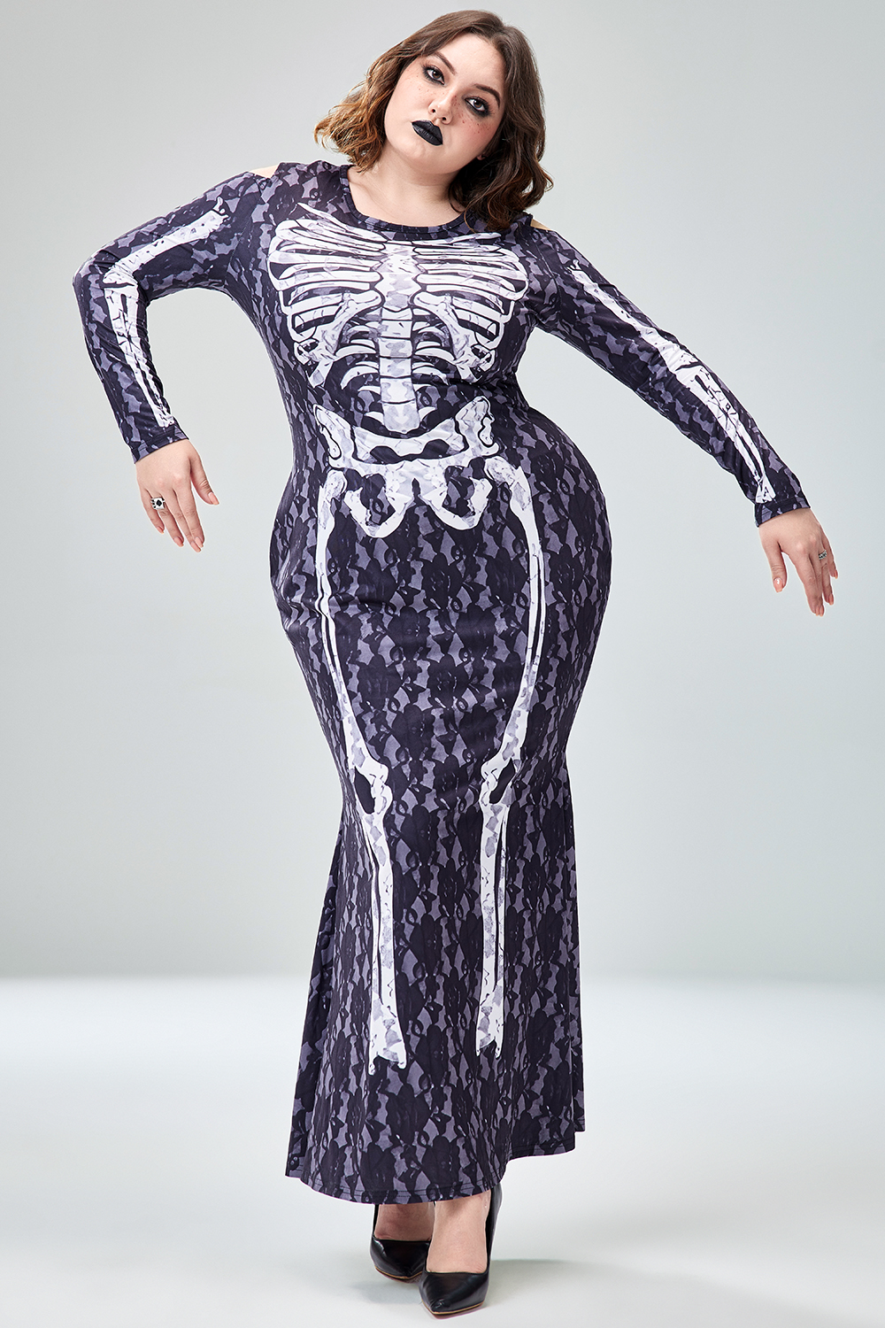 Xpluswear Design Plus Size Halloween Costume Black Skeleton Print Long Sleeve Knitted Maxi Dress