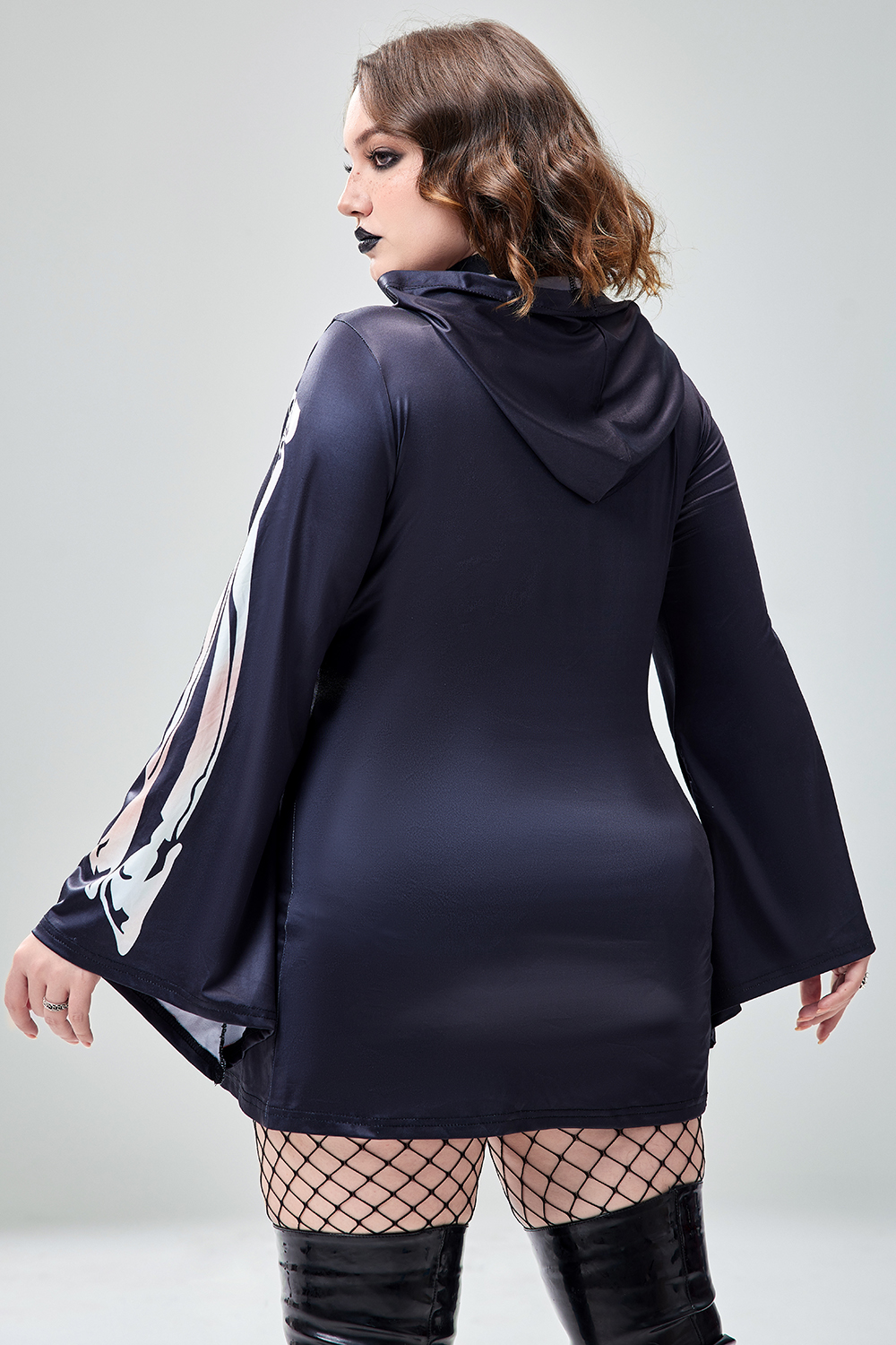 Xpluswear Design Plus Size Casual Halloween Costume Gothic Black Skeleton Print Trumpet Sleeve Knitted Mini Dress