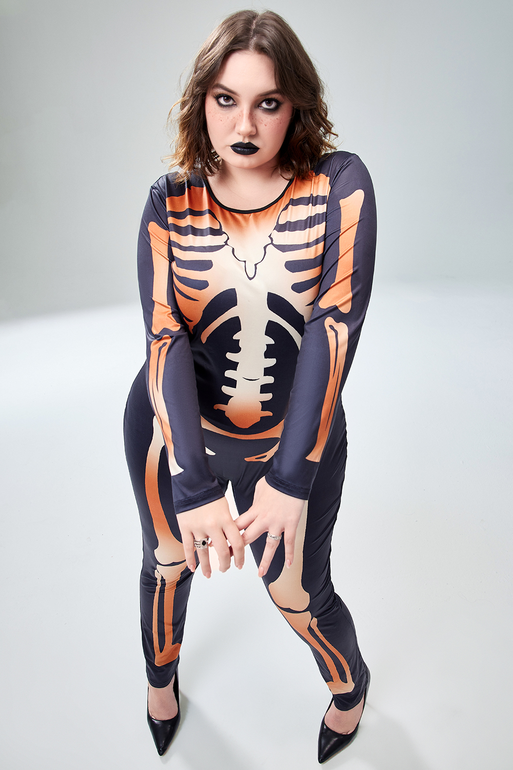Xpluswear Design Plus Size Halloween Costume Gothic Black Skeleton Print Long Sleeve Knitted Jumpsuit [Pre-Order]