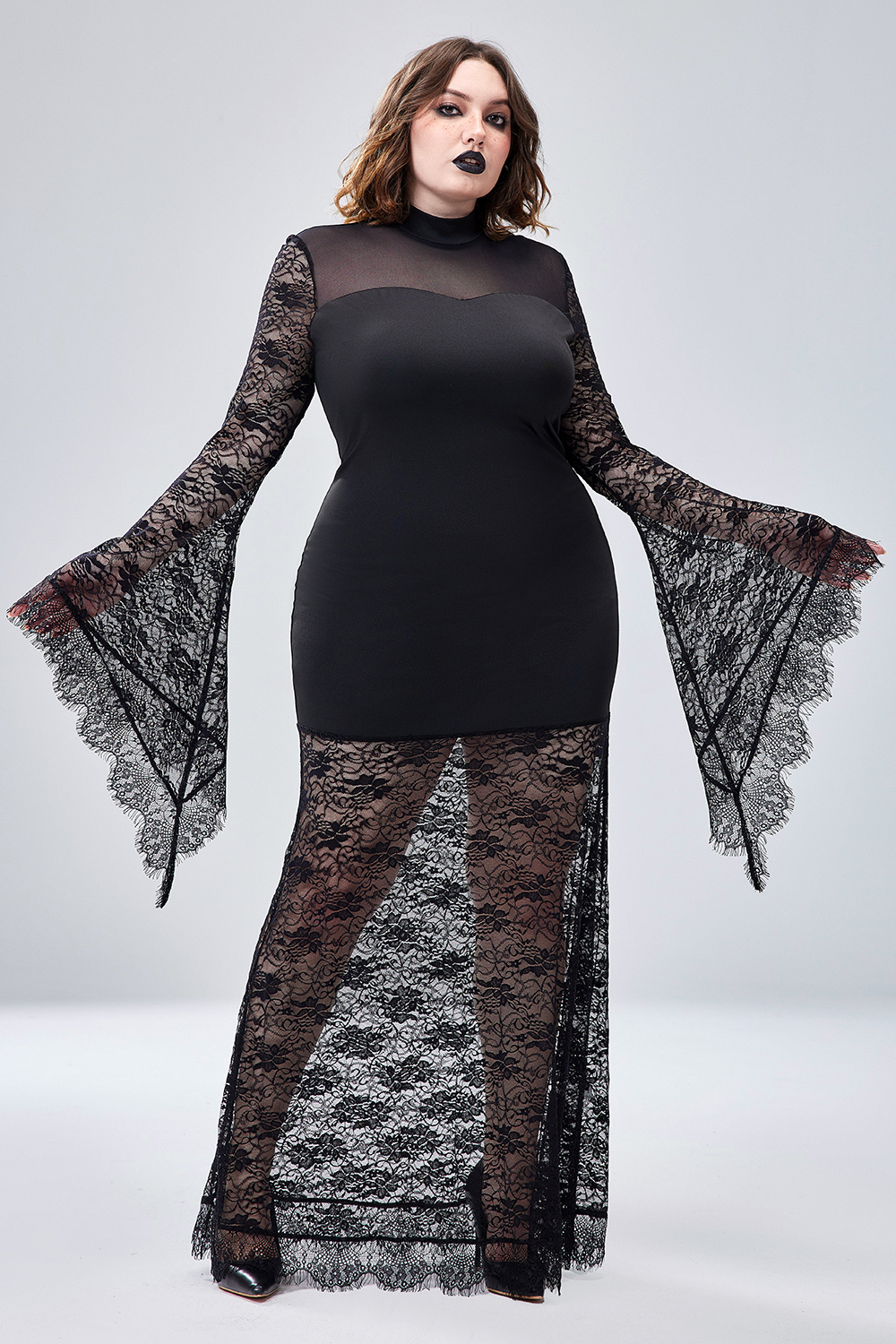 Xpluswear Design Plus Size Halloween Costume Black Trumpet Sleeve Lace Maxi Dress