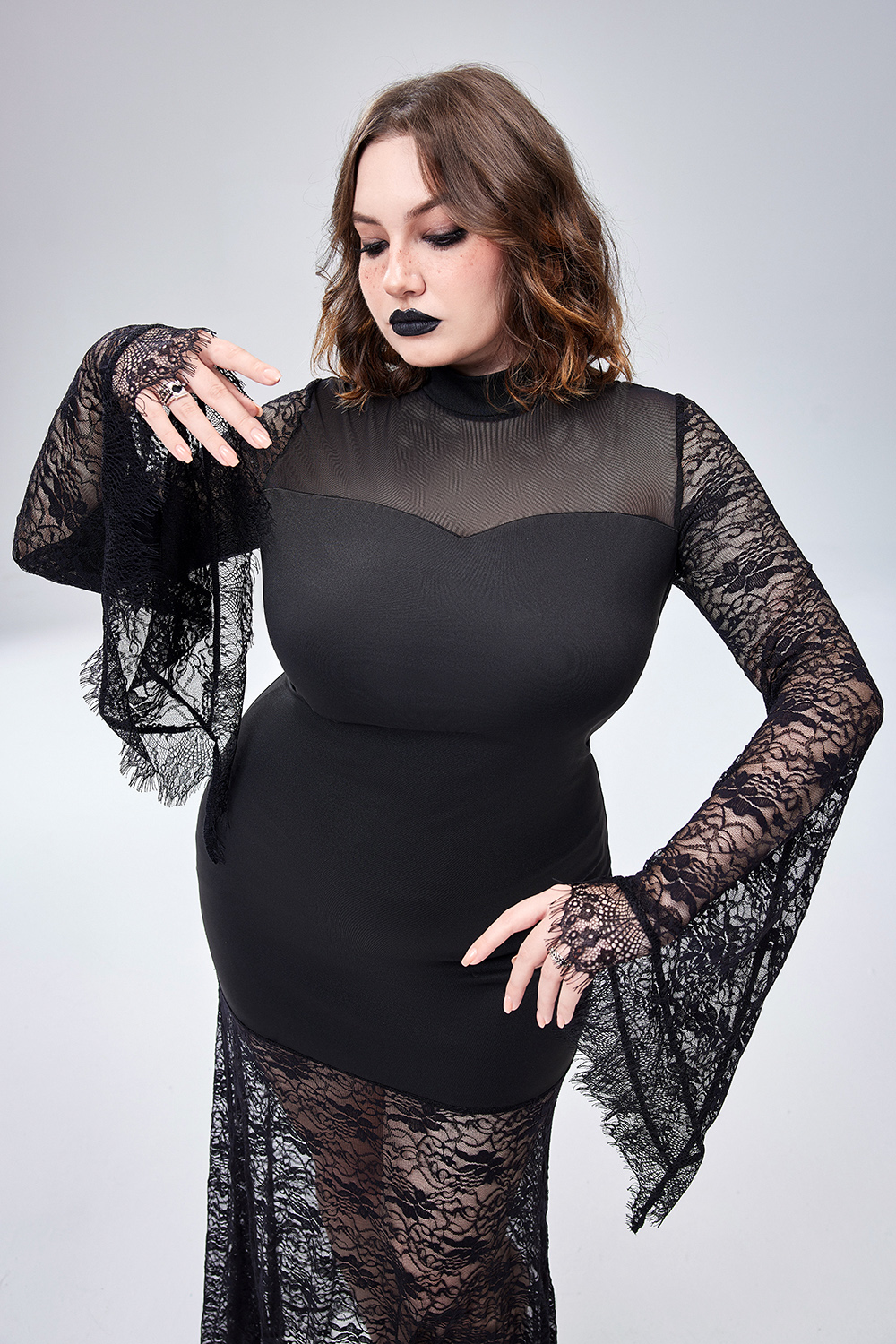 Xpluswear Design Plus Size Halloween Costume Black Trumpet Sleeve Lace Maxi Dress