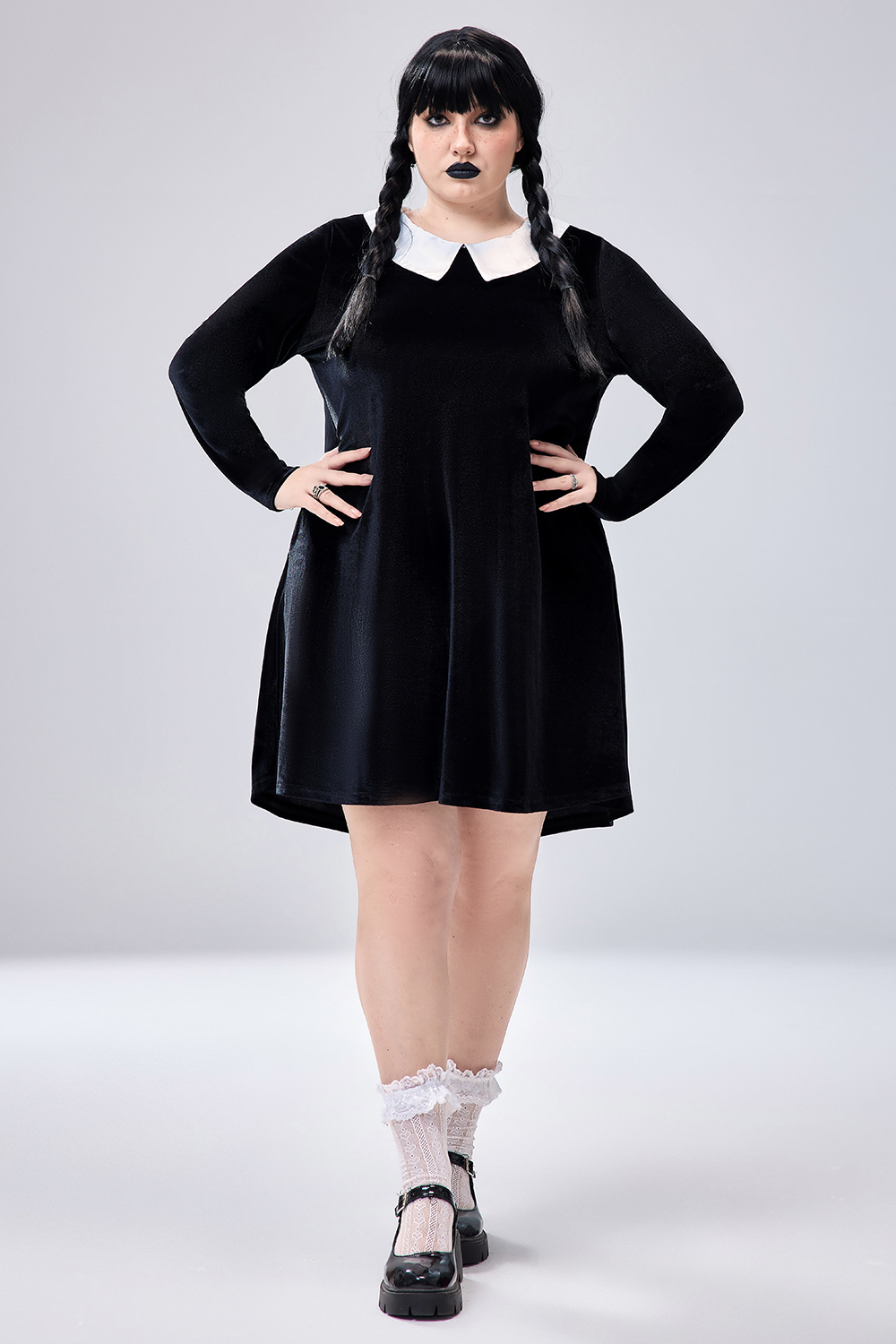 Xpluswear Design Plus Size Halloween Costume Black Velvet Doll Collar Long Sleeve Mini Dress With Pocket [Pre-Order]