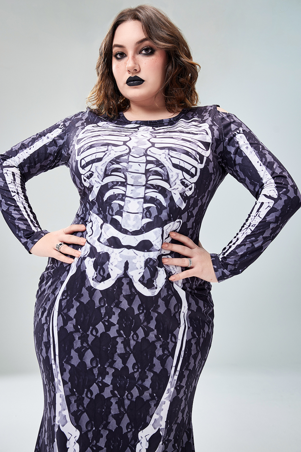 Xpluswear Design Plus Size Halloween Costume Black Skeleton Print Long Sleeve Knitted Maxi Dress