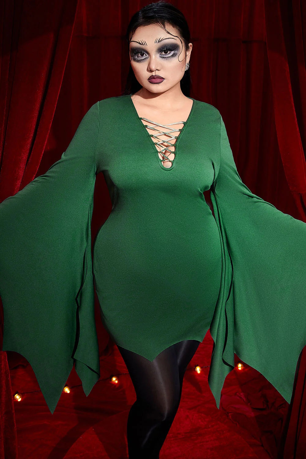 Xpluswear Design Plus Size Halloween Costume Green Bats Lace Up Trumpet Sleeve Mini Dress [Pre-Order]
