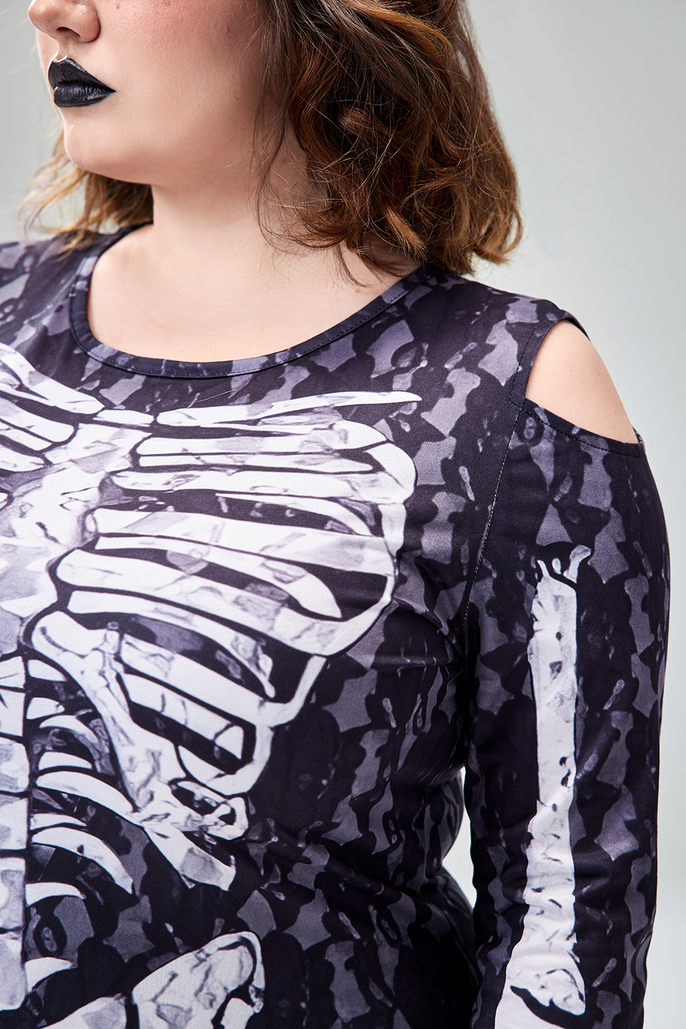 Xpluswear Design Plus Size Halloween Costume Black Skeleton Print Long Sleeve Knitted Maxi Dress