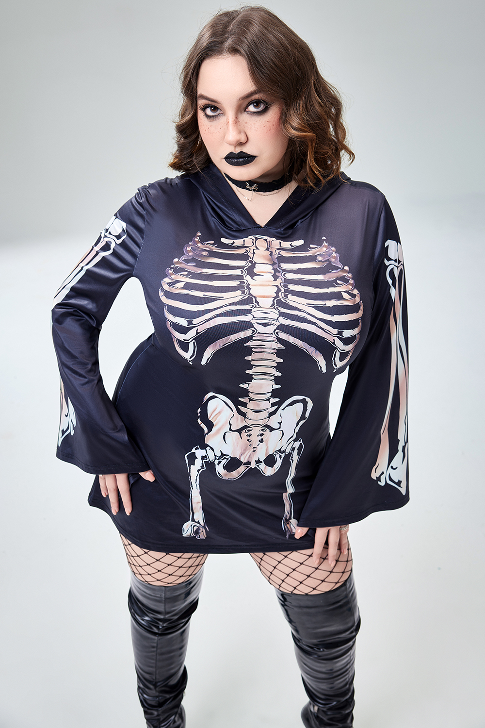 Xpluswear Design Plus Size Casual Halloween Costume Gothic Black Skeleton Print Trumpet Sleeve Knitted Mini Dress
