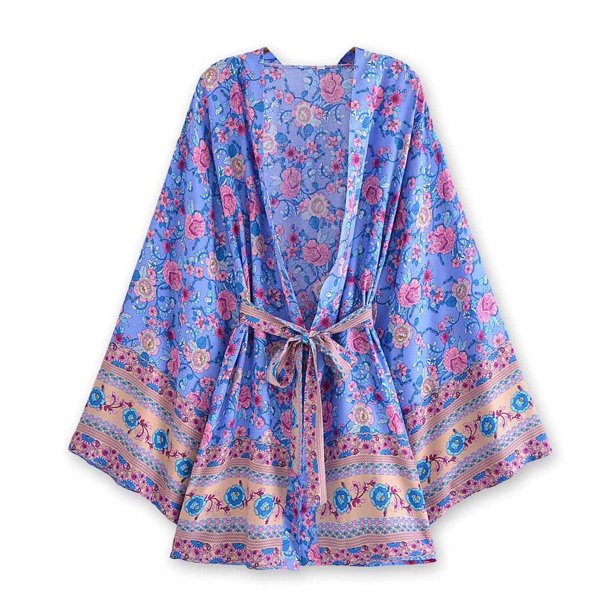 Blue Violet Boho Floral Print Short Robe