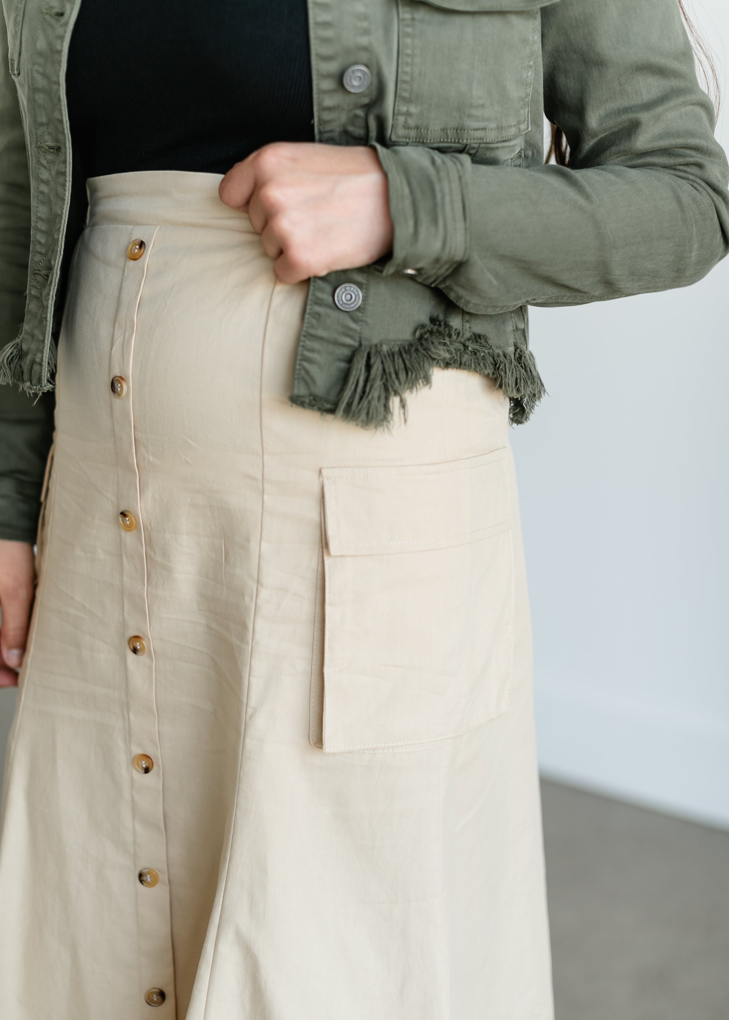Button Down Cargo Pocket Midi Skirt