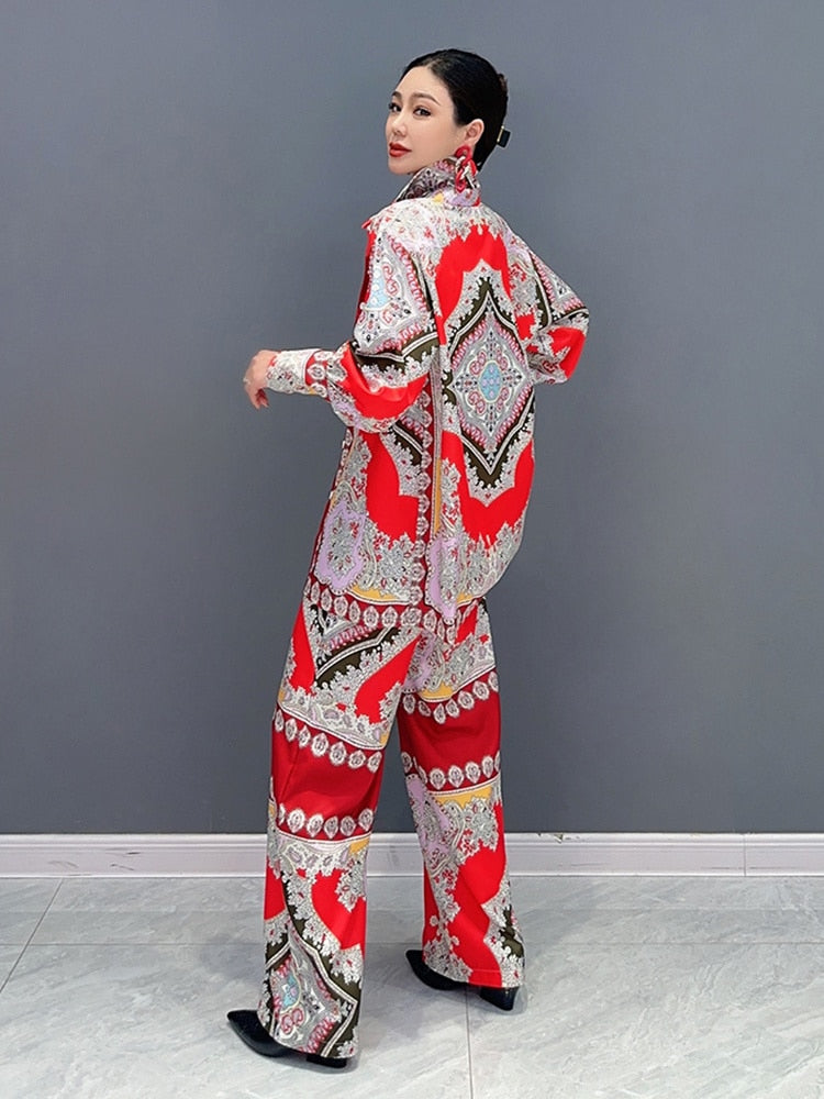 Classy Chic Red Indie Folk Long Sleeve Top & Loose Fit Pants 2-Piece Set