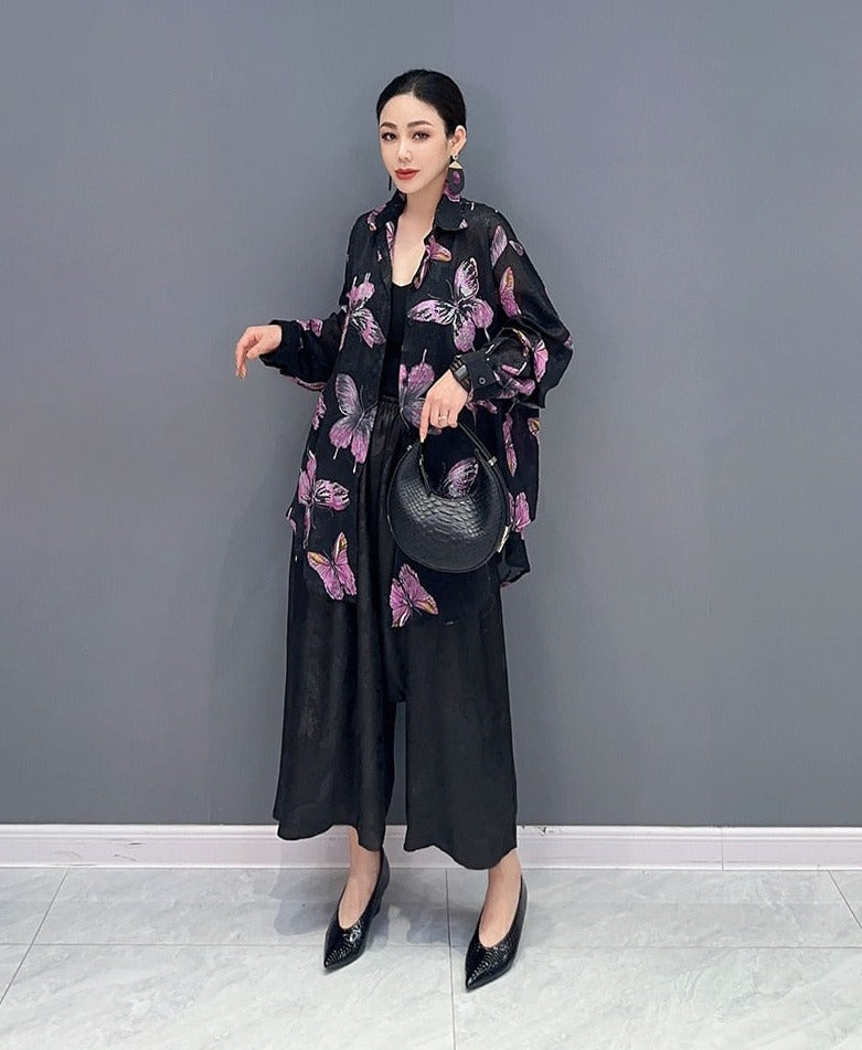 Butterfly & Floral Long Sleeve Blouse Top & Wide Leg Trousers 2-Piece Set