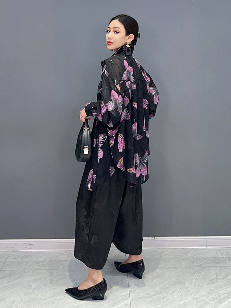 Butterfly & Floral Long Sleeve Blouse Top & Wide Leg Trousers 2-Piece Set