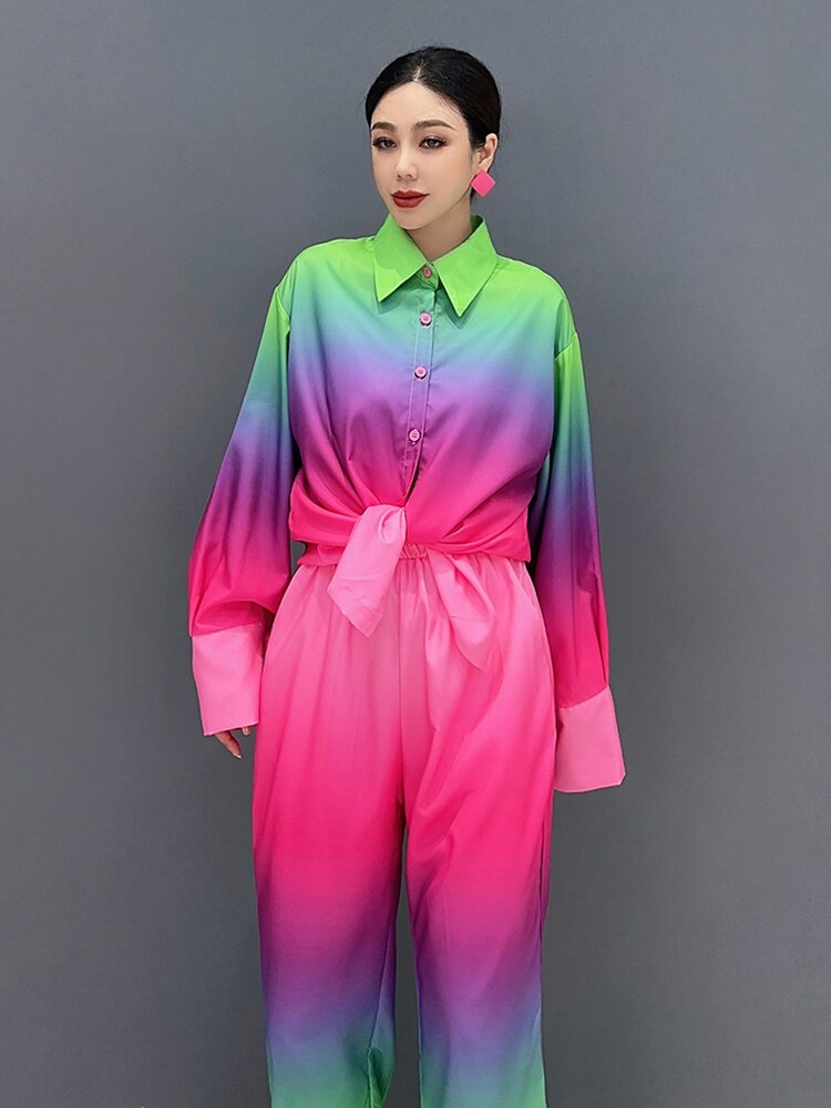 Casual Chic Gradient Long Sleeve Blouse & Loose Pants 2-Piece Set
