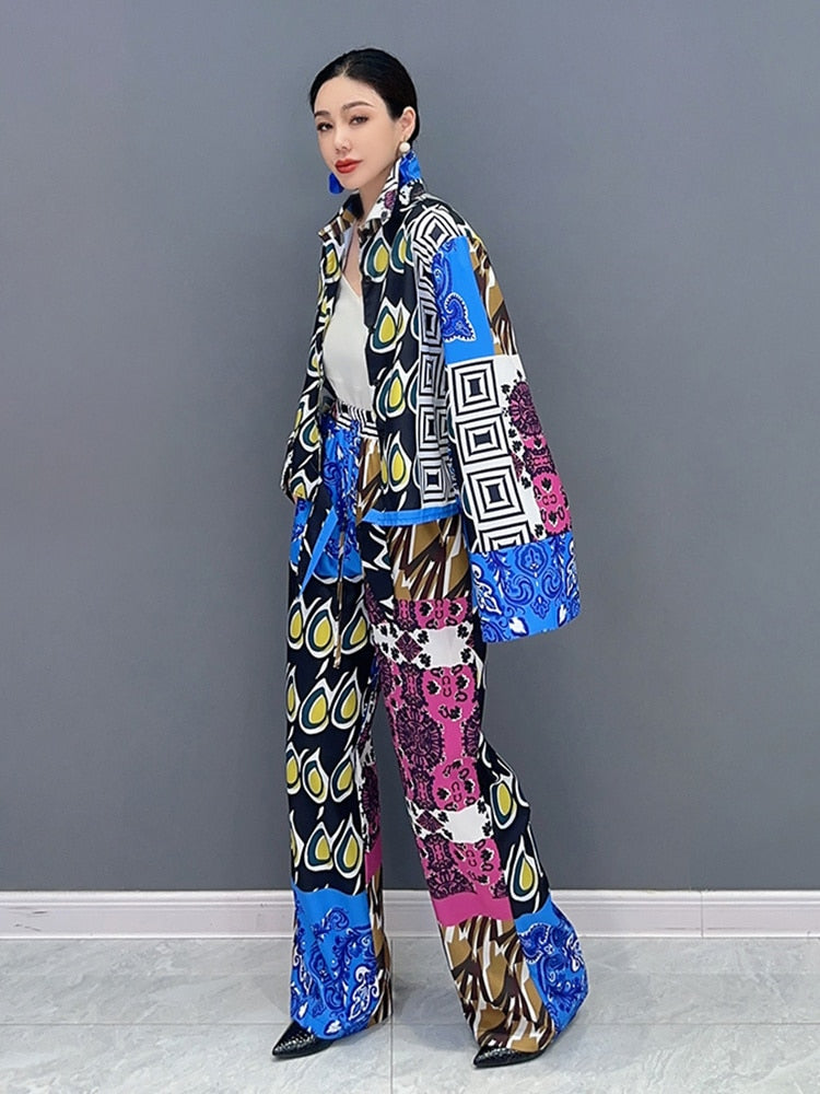 Daily Chic Patchwork Long Sleeve Top & Trousers 2-Piece Set