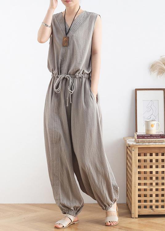 Women's 2021 spring and summer new drawstring waist gray jumpsuit wide-leg pants