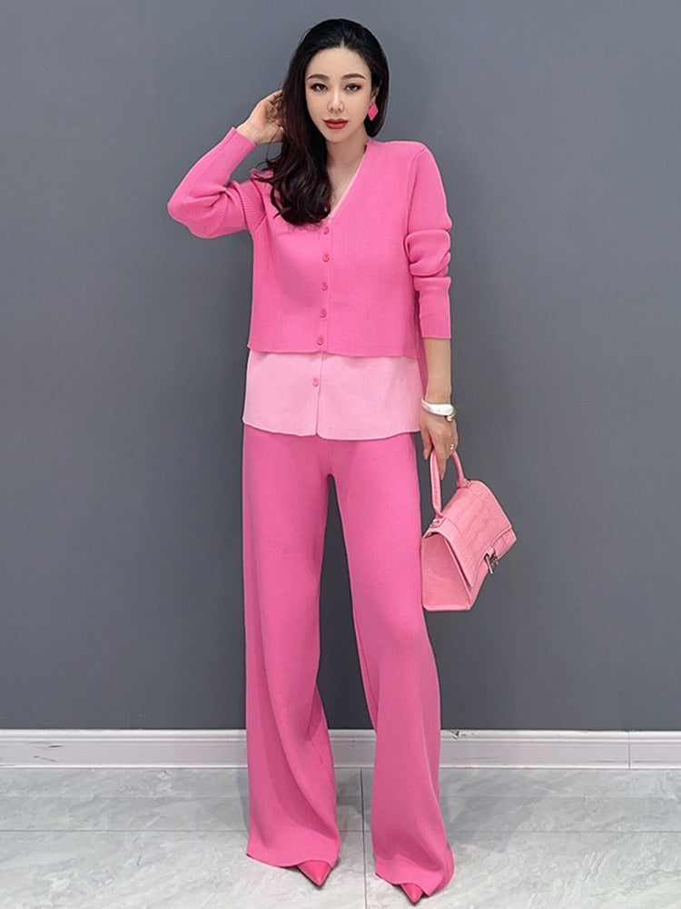 Elegant Pink Fitted Top and Loose-Leg Pants 2-Piece Set