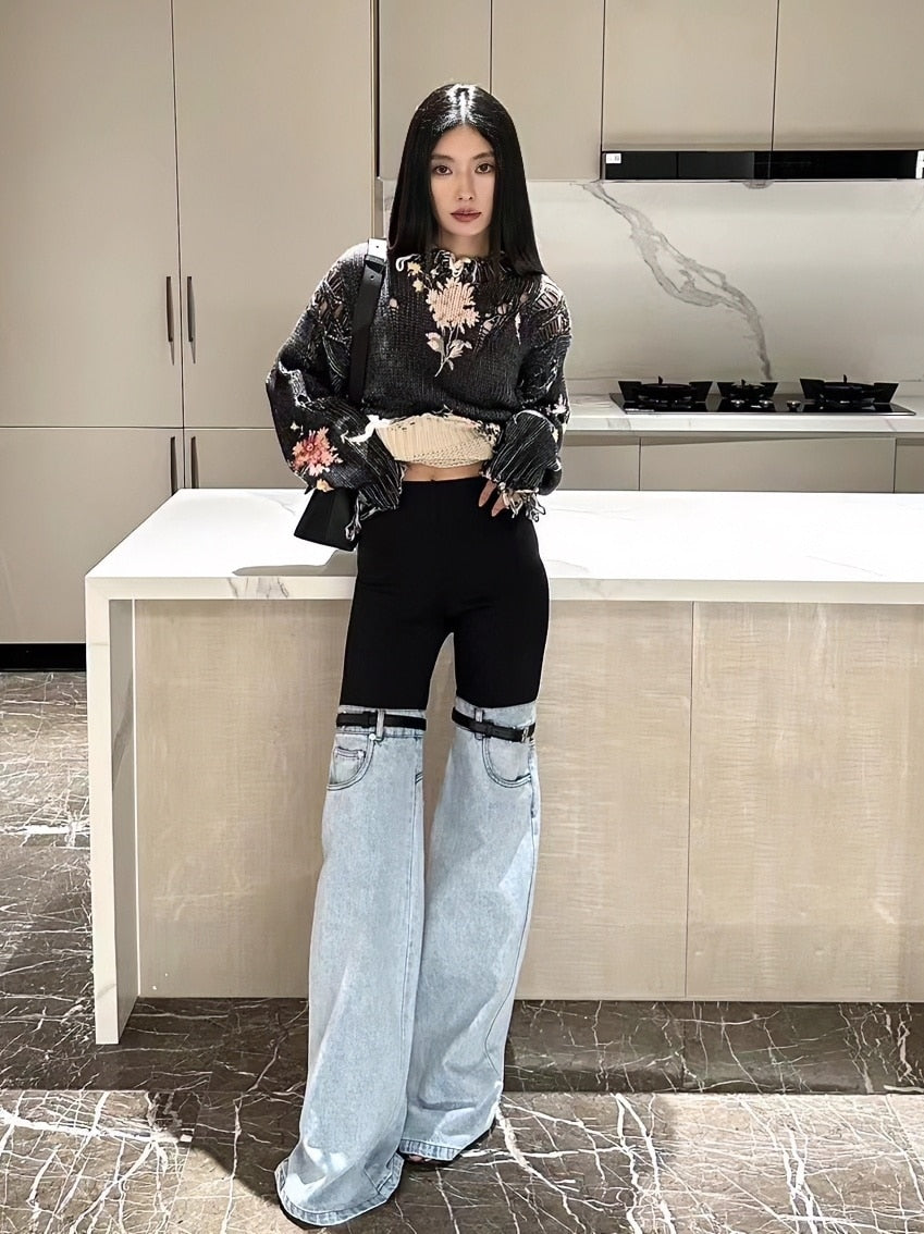 Luxury Haute Couture Thigh Jeans with Elastic Waist