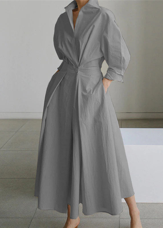 2022 Beige-red flower Peter Pan Collar Pockets Cotton Dress Long Sleeve