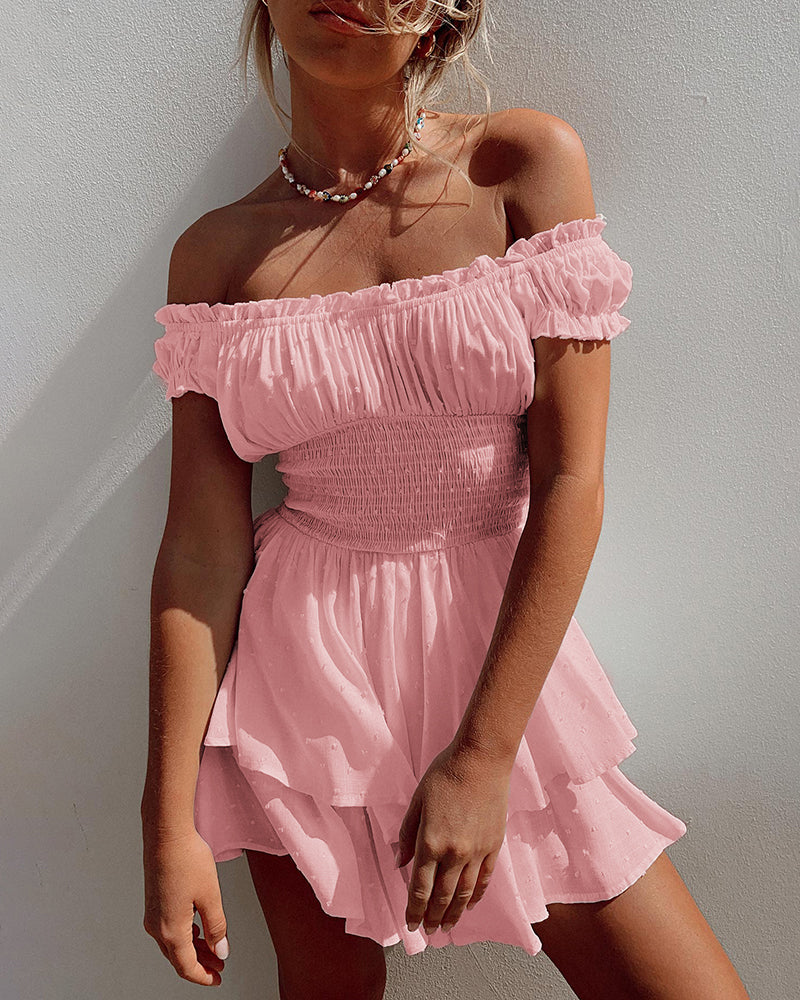 Off Shoulder Ruffle Shorts Romper Swiss Dot Smocked Layered Chiffon Boho Mini Jumpsuits