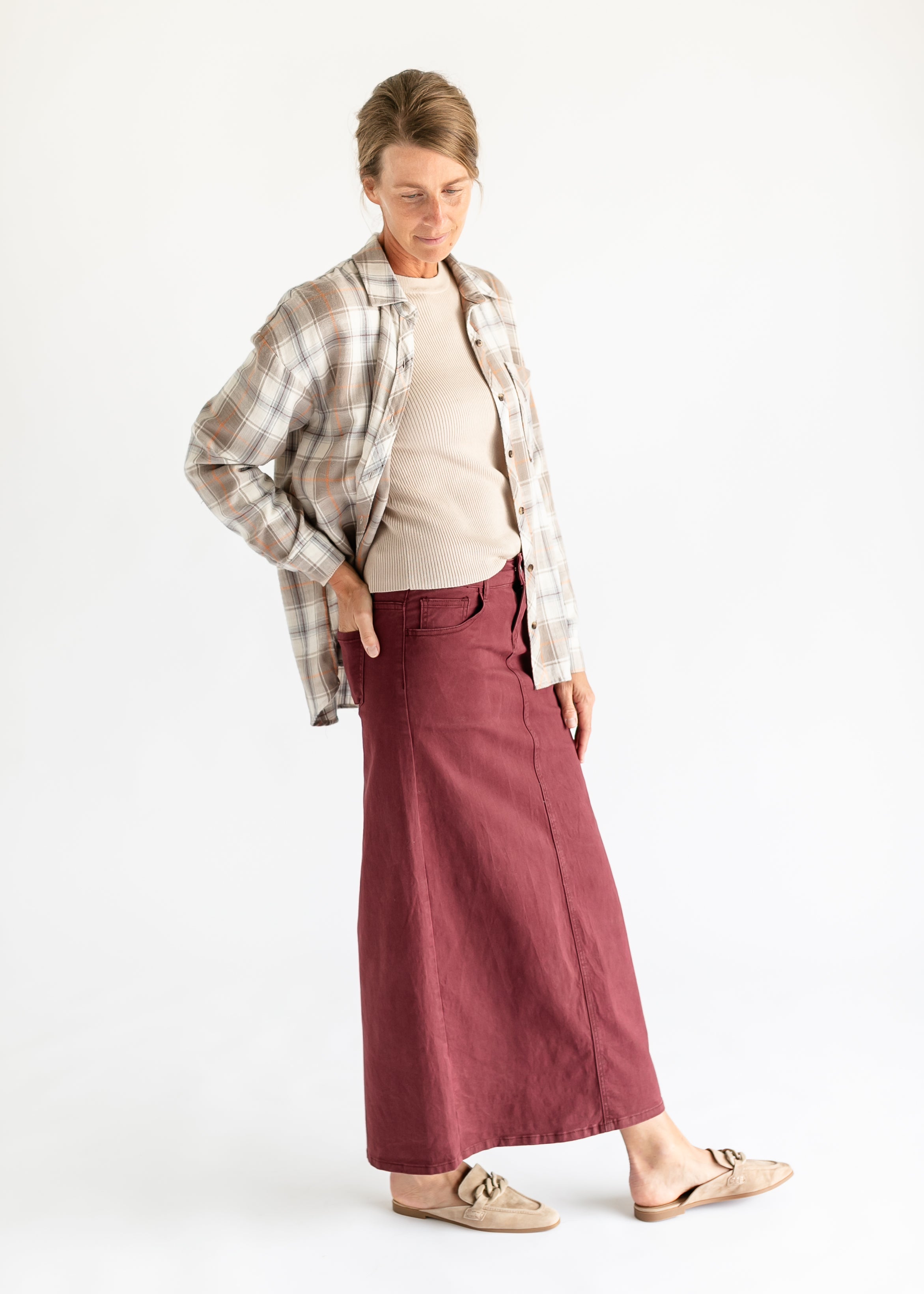 Stella Burgundy Denim Maxi Skirt