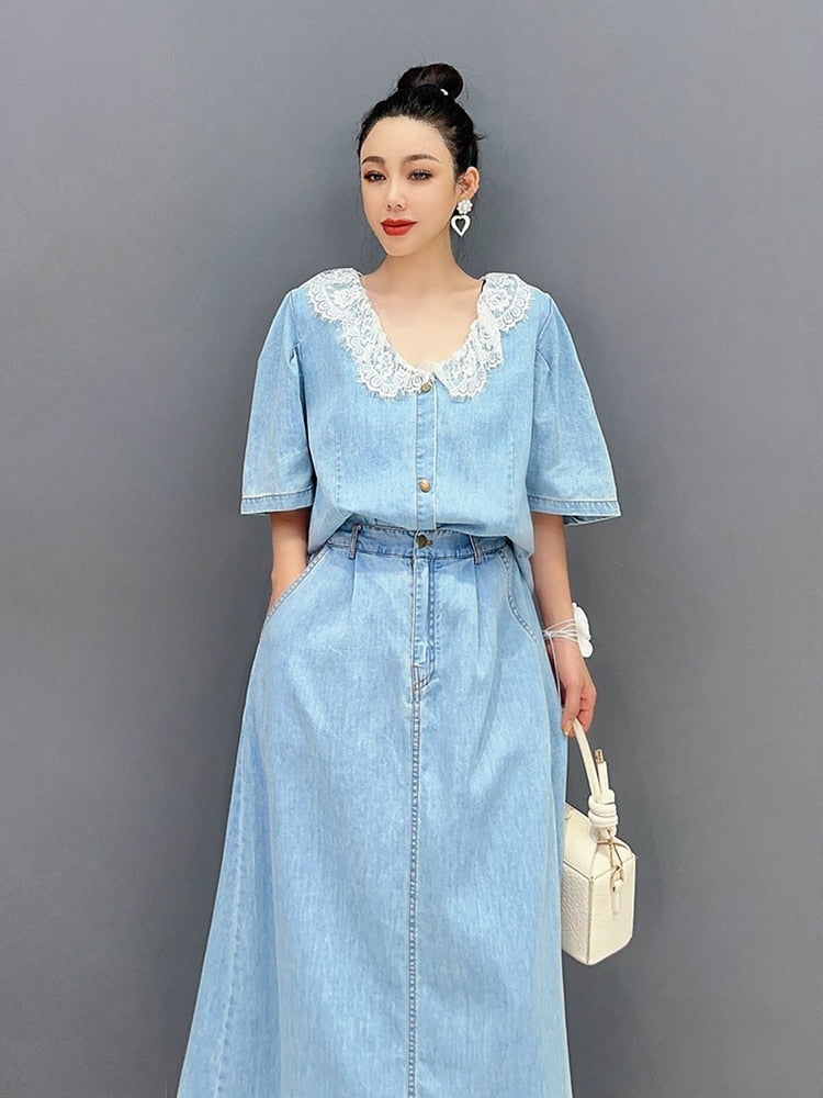 Handmade Everyday Casual Denim Top & Skirt 2-Piece Set