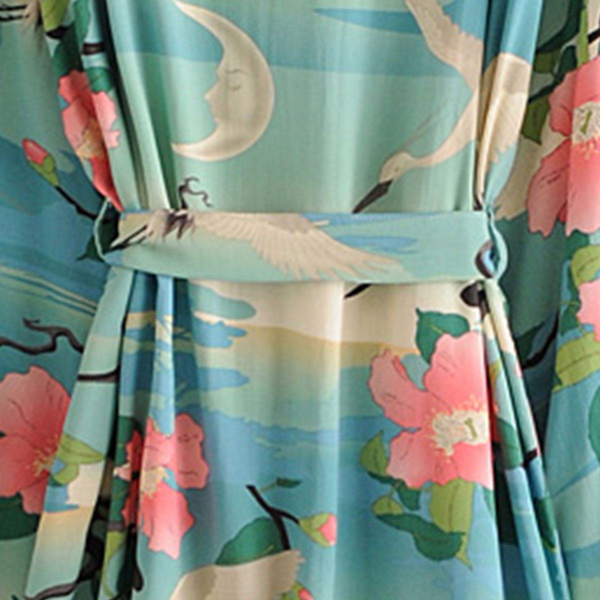 Moonlight Crane Boho Floral Print Short Robe