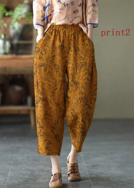Natural Yellow Elastic Waist Summer Linen Harem Pants