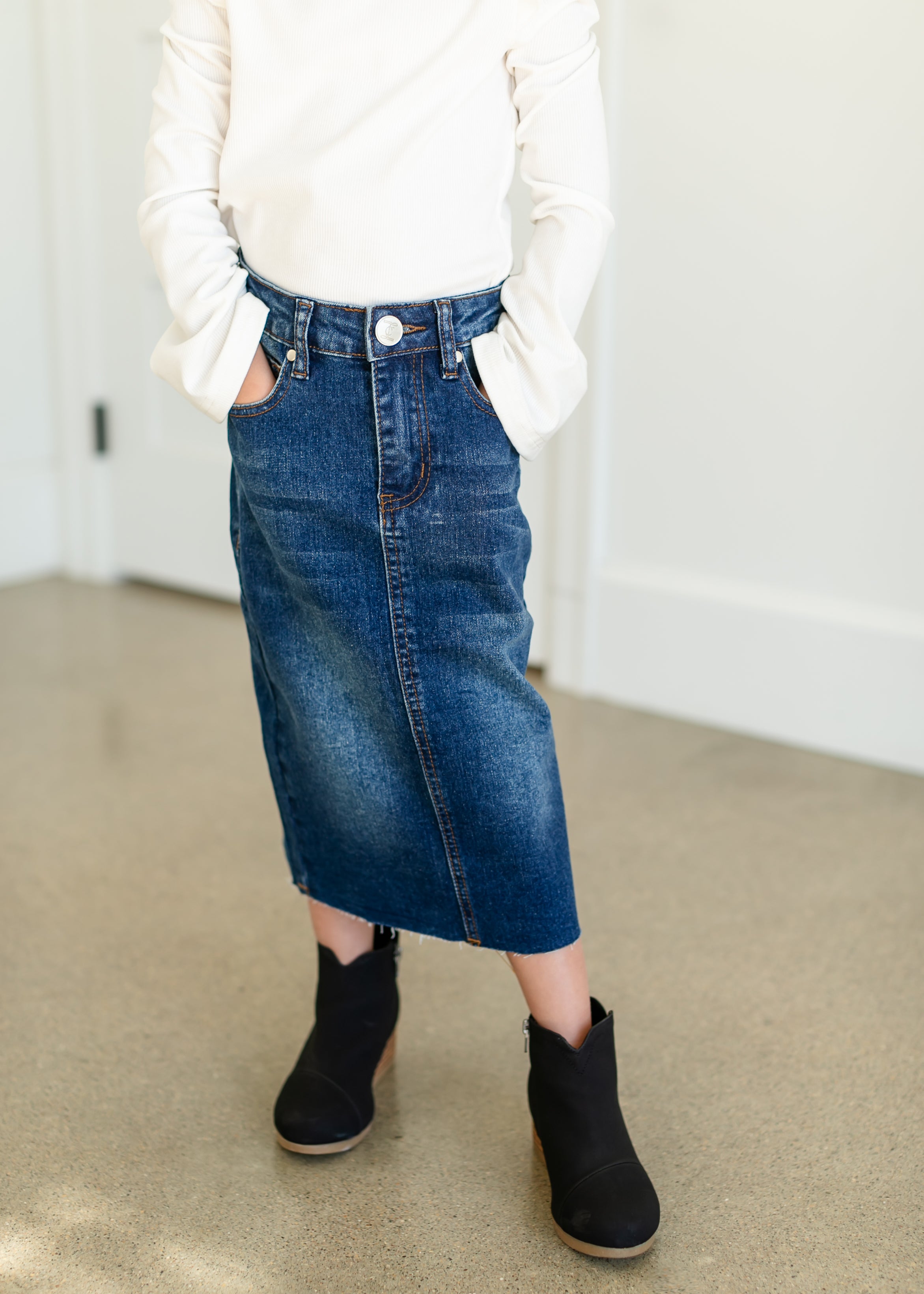 Girls Remi Raw Hem Denim Midi Skirt