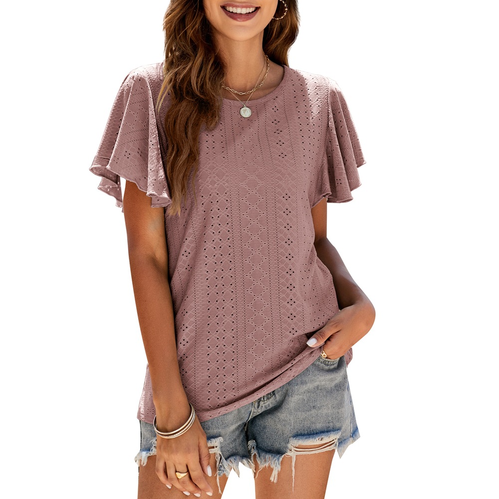 Ladies T-Shirt Cutout Tunic Ruffle Sleeve Casual Top