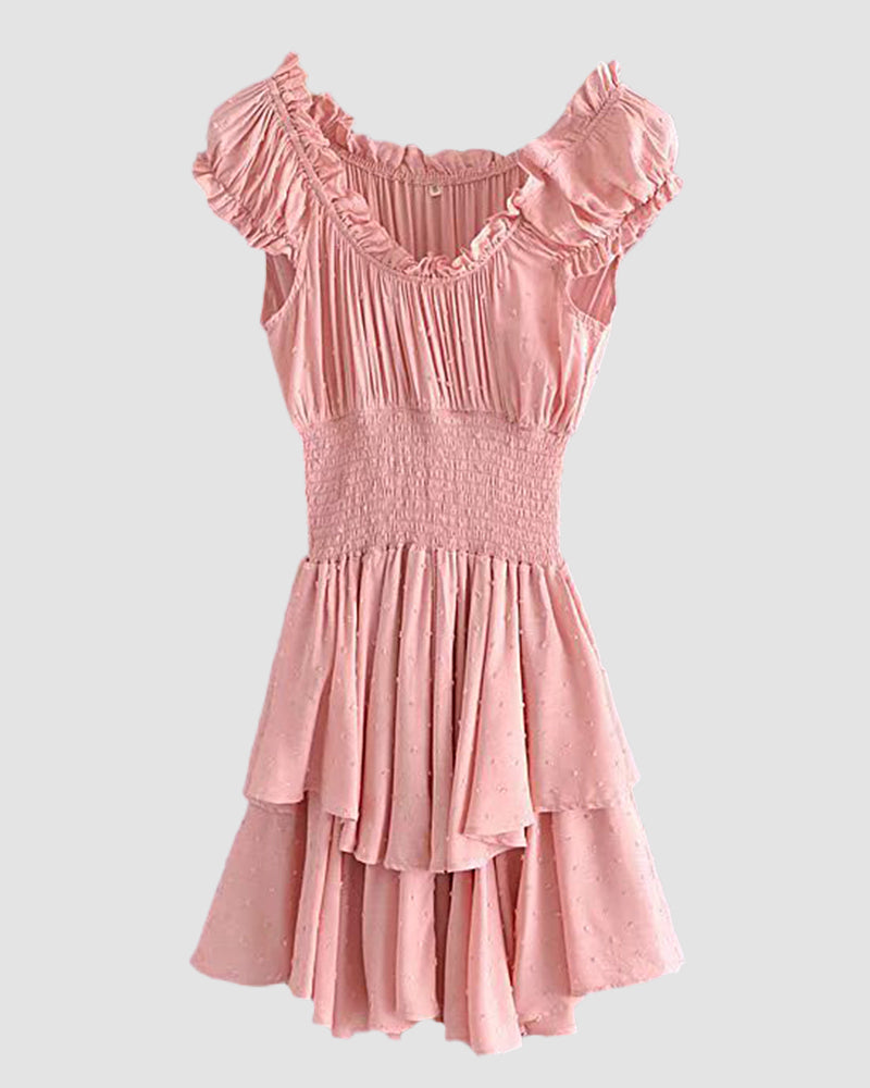 Off Shoulder Ruffle Shorts Romper Swiss Dot Smocked Layered Chiffon Boho Mini Jumpsuits