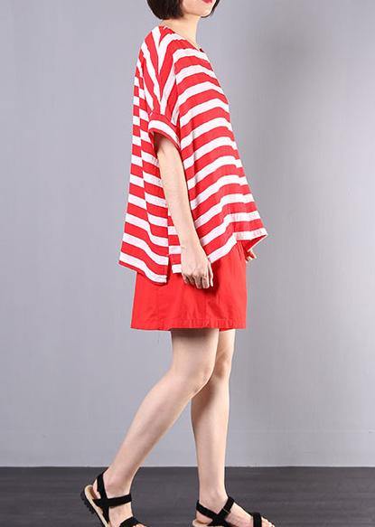 summer women two pieces red striped o neck tops and casual shorts