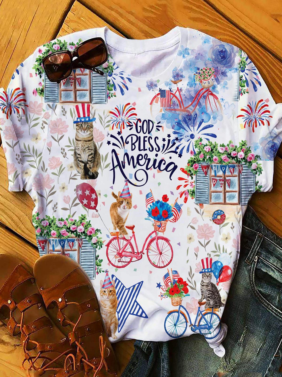 Independence Day American Flag Fireworks Bicycle Window Cat Flower T-shirt