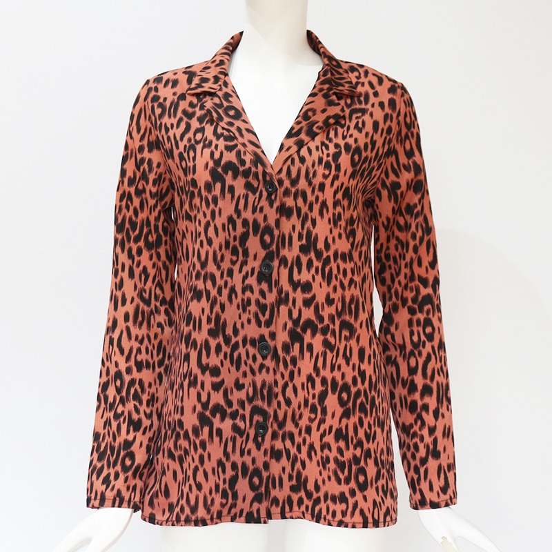Women Blouses Summer Chiffon Leopard Blouse Long Sleeve Turn Down Collar Lady Office Shirt Loose Tops