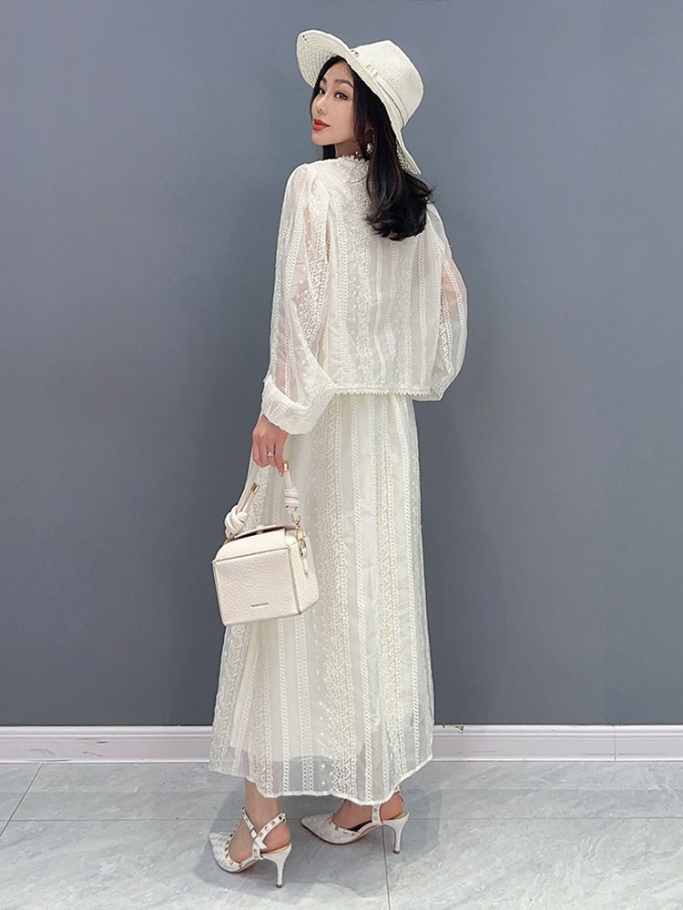 Pink or White Long Sleeve Lace Top & Maxi Skirt 2-Piece Set