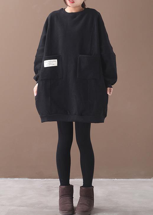 Handmade two pockets Cotton o neck clothes For Women Shape black Dresses