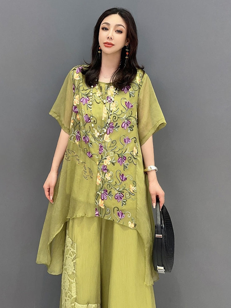 Green or Pink Floral Chiffon Loose Top & Wide Leg Pants 2-Piece Set