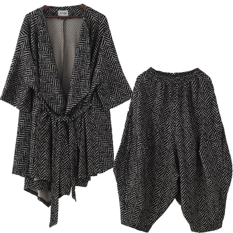 High end stripe style irregular women's suit British fashion big temperament black two piece set autumn