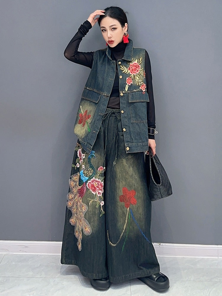 Floral Embroidered Denim Wide-Leg Pants and Matching Vest Set
