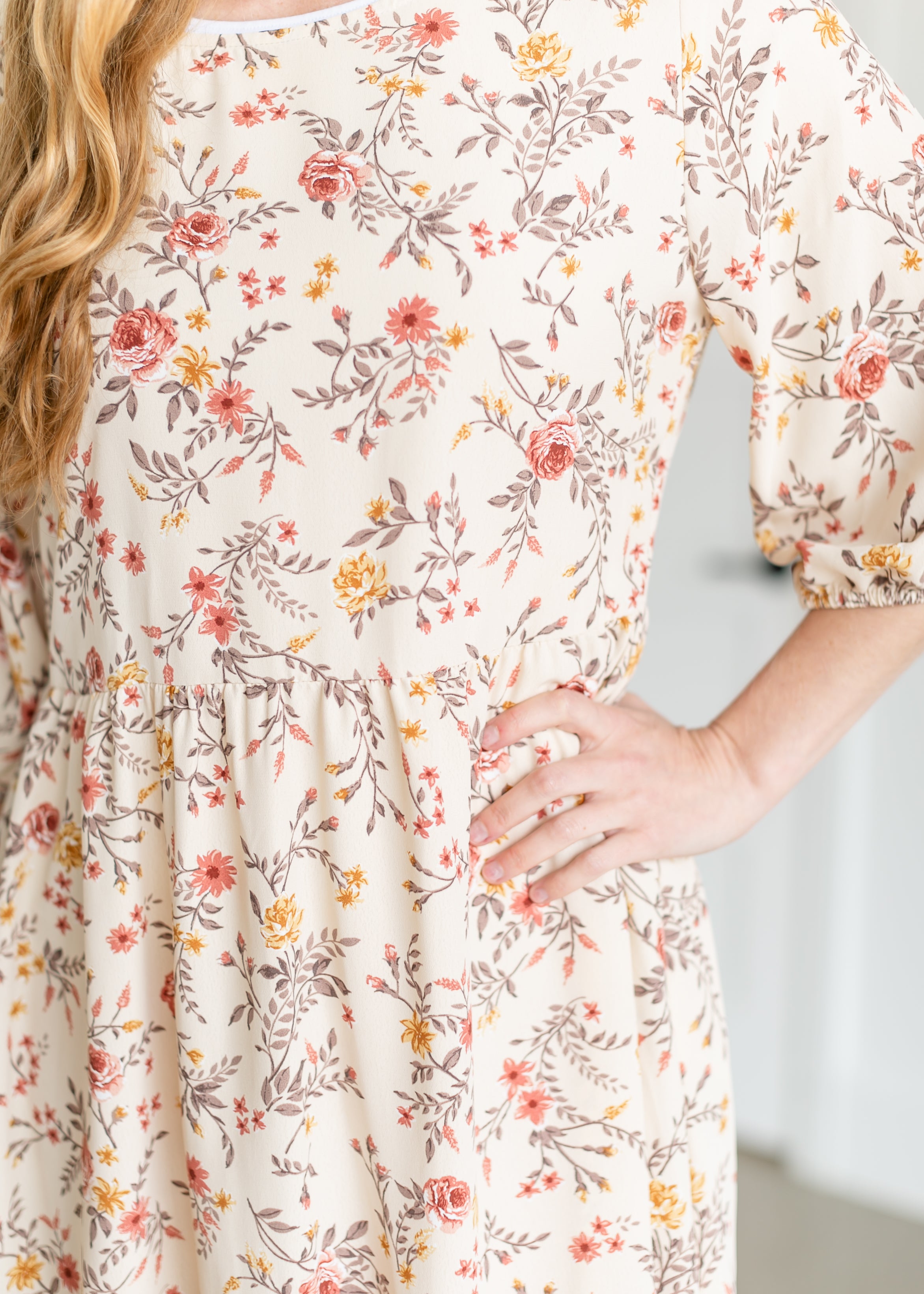Floral 3/4 Sleeve Midi Dress