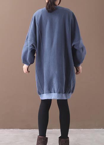 French two pockets Cotton o neck tunics for women Sewing blue Dress