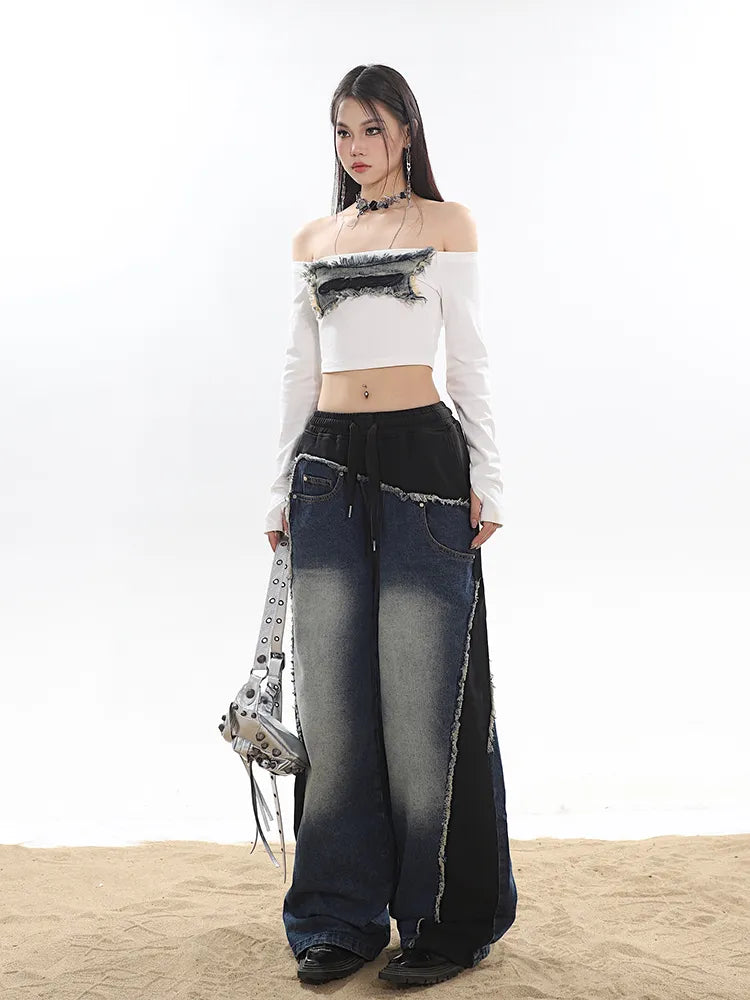 Classic Retro Elastic Waist Wide Leg Denim Pants