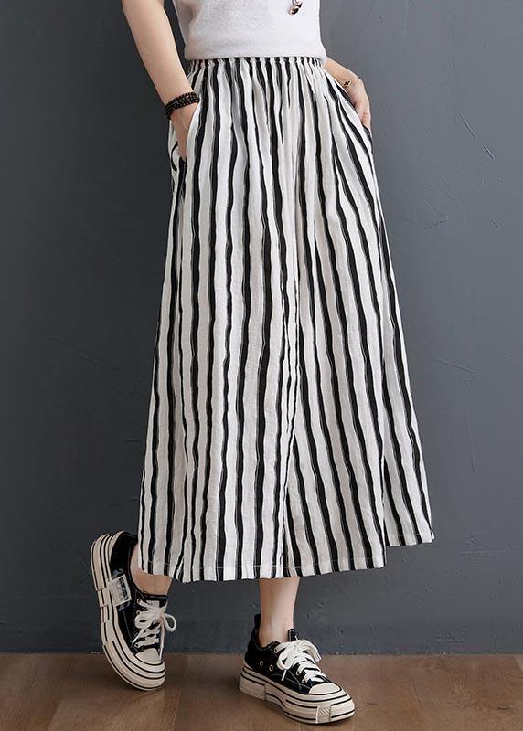 Plus Size Black White Striped Wide Leg Pants Summer Cotton